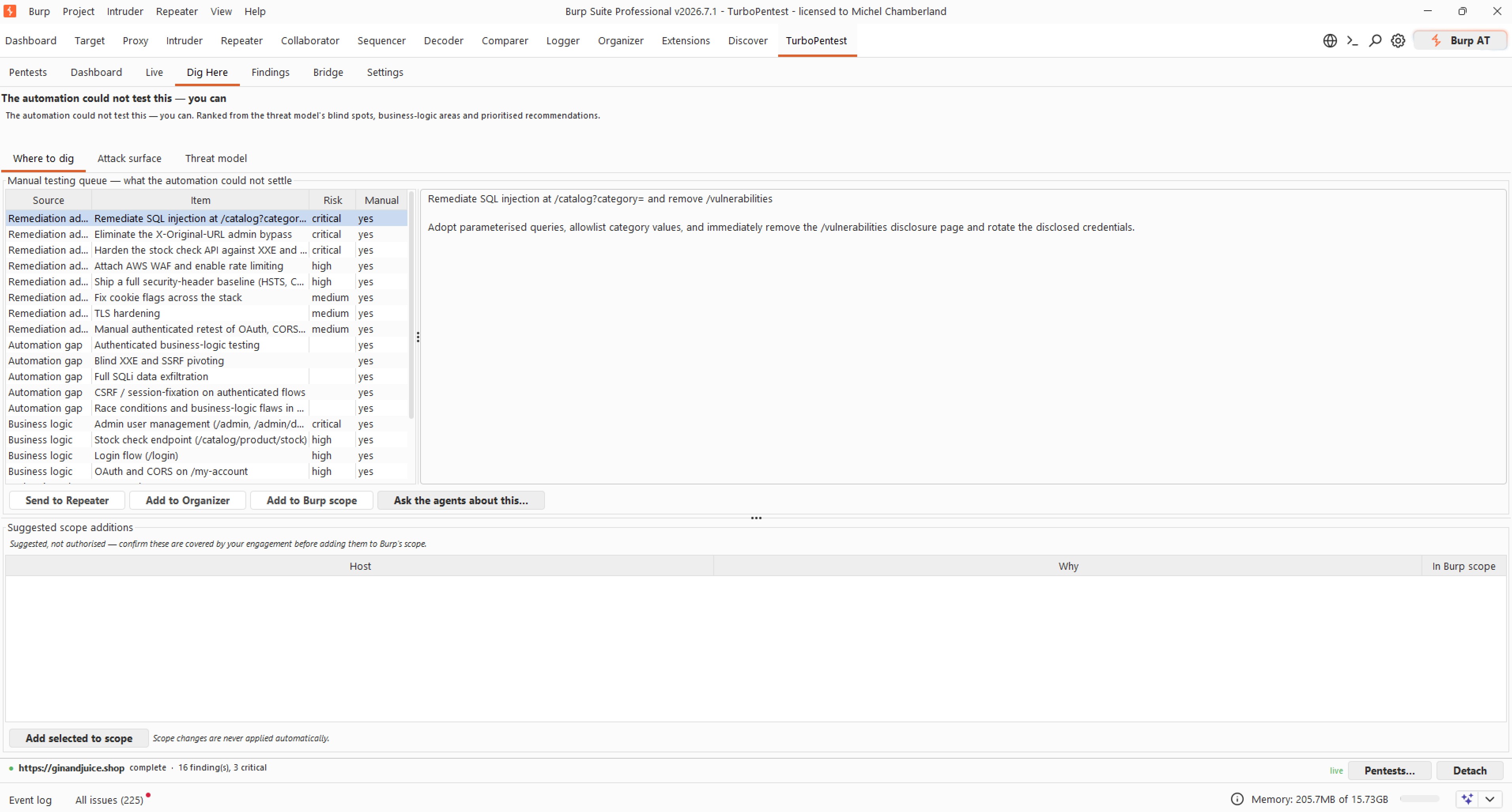 The 'Where to dig' tab in the TurboPentest Burp extension showing the manual testing queue - remediation advice, automation gaps and business-logic areas the agents could not settle, ranked by risk, with Send to Repeater and Add to scope actions.