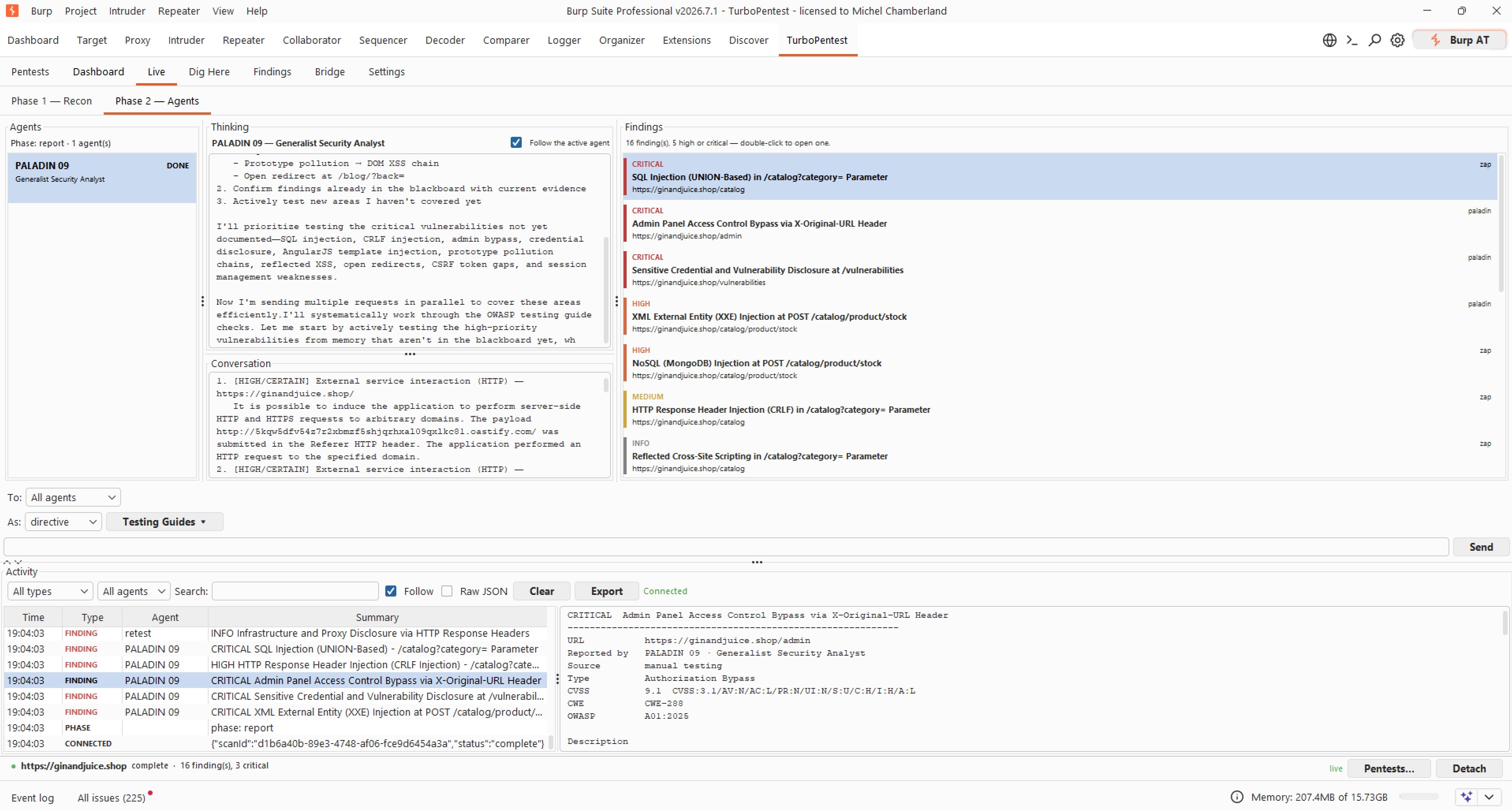 The Live view in the TurboPentest Burp extension showing Phase 2 - the agent crew as cards, an agent's live reasoning in the Thinking panel, its conversation log, and findings landing in real time ranked by severity.
