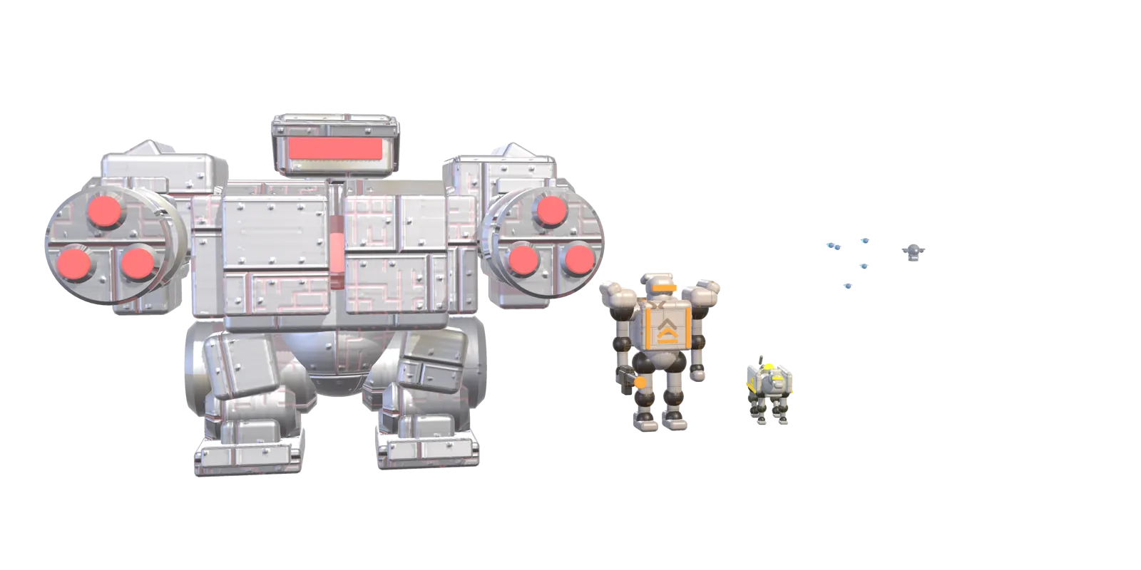 The five TurboPentest VR boss machines lined up by severity, from a small courier drone to a four-metre mech